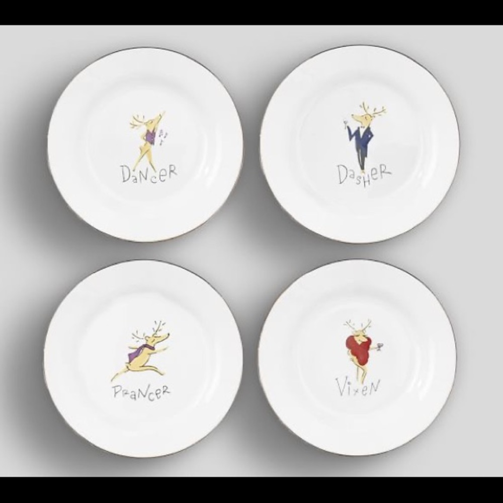 Pottery barn porcelain reindeer dessert plates. New in box. Set of 4.